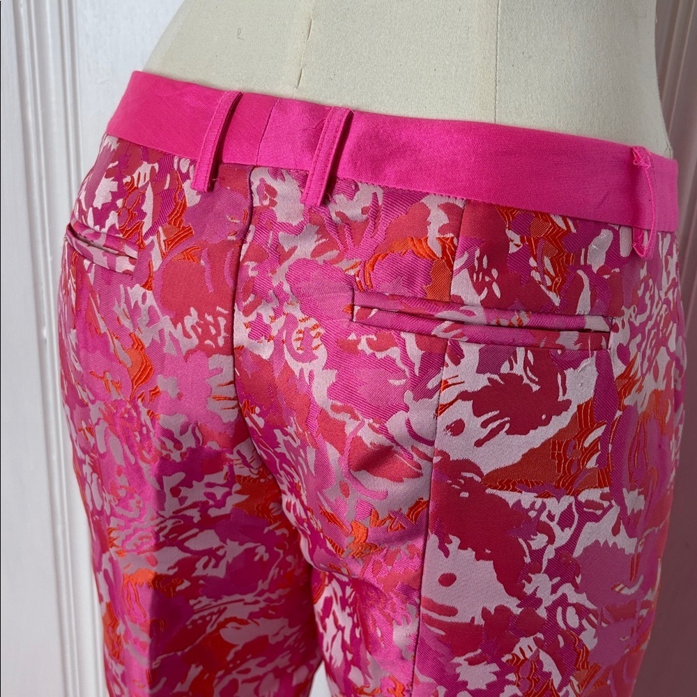 🌺 PINK TARTAN Neon Pink & Orange Brocade Cigarette Pants — Size 6 - Picture 4 of 7
